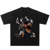Camiseta de manga corta de algodón pesado estilo retro americano con estampado de Owen Irving, cuello pequeño, corte holgado para hombre, para pareja