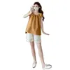Top de algodón estilo coreano de verano en stock, versátil, adelgazante, para mujeres embarazadas + Conjunto de pantalones cortos con cordón ajustable para mujeres embarazadas