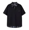 Camisa Polo Xadrez Retro Americana com Lapela Masculina Verão Manga Curta Patchwork Falso Duas Peças Estilo College Casual