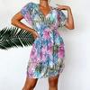 Tailandia Sanya Playa de Vacaciones Costera Vestido Bohemio Malla Transparente Falda Corta Cuello en V Cintura Escalonada Blusa Estampada