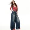 Pantalones de Pierna Ancha Sueltos de Cintura Alta Estilo Retro Americano Estilo Hot Girl Desgastados con Caída Jeans Rectos de Otoño e Invierno Mezclilla de Algodón para Mujer