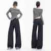 Pantalones de pierna ancha nuevos para otoño/invierno 2026 transfronterizos, mezclilla de retazos a rayas, color original, estilo otoño, jeans de tiro medio para mujer, corte holgado, elásticos