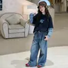Conjunto de Moletom Duas Peças para Meninas Primavera e Outono, Jeans Largo Estilo Coreano, Conjunto de Duas Peças para Meninas Mais Velhas, Roupa da Moda para Outono