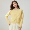 Cardigã de cashmere redondo de alta qualidade, com textura, estilo francês e inspirado na Chanel para mulheres, adornado à mão com cristais, suéter de malha de seda e lã de cor sólida
