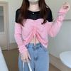 Camisa de Tricô com Manga Longa Combinando Cores Feminina Chique Top Pequeno Outono Fino Cordão Senso de Design Camisa Curta para Ar Condicionado Camisa Justa