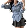 Diseño Estilo Coreano Cintura Irregular Camisa de Otoño Camisa Rayada Estilo Academia Manga Larga Nuevo Top de Aspecto Delgado