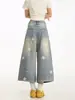 Calça Jeans Wide Leg Estampada de Estrela Retro Americana Transfronteiriça para Homens, Novo Estilo de Verão, Lavada e Desgastada, Calça Cropped de Caimento Solto