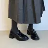 Versão em Pele de Ovelha ~ Novos Mocassins Retro de Salto Grosso para Mulheres, Sapatos de Salto Alto Slip-On, Sapatos Pequenos de Couro Genuíno para o Dia a Dia