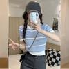 Suéter Rayado de Contraste de Color Francés Diseño de Verano Sentido de Diseño Nicho Adelgazante Camisa Corta Camiseta de Manga Corta Top Ajustado para Mujer
