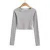 550-25 Nuevo Estilo de Verano Estilo Europeo y Americano Sexy Sexy Corta que Muestra el Ombligo Ajustada Cuello Redondo Empalme Manga Larga Casual Camiseta