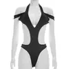 Y26BS153 Mono cruzado europeo y americano para mujer, primavera/verano, cuello halter, corte en el hombro, que expone la cintura, color sólido, triángulo profundo sin espalda