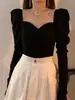 Top cuadrado de manga abullonada europeo y americano para mujer ins corte court ajustado prenda interior adelgazante retro francés camiseta de fondo