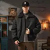 Chaqueta de plumón Allin para Hombre Otoño e Invierno Estilo Americano Moderno Cuello de Piel Desmontable Retro Cálida Chaqueta de Cuero de PU con Plumón de Pato