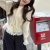 Rojo de Año Nuevo Tejido de Punto para Mujer Invierno Estilo Dulce Diseño Fruncido con Cordones Manga Larga Camiseta Base Top