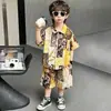 Conjunto de Camisa de Brocado del Mar del Sur de Verano para Niños, Conjunto Elegante Coreano de Dos Piezas de Manga Corta para Niños, Ropa Delgada para Bebés