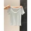 Camiseta Feminina de Verão Slim-Fit com Decote em U, Manga Curta e Acabamento em Renda, Camada Interna Franzida com Laço Estilo Puro Desejo