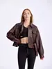 Chaqueta de Piel Sintética Estilo Europeo y Americano con Patrón de Lichi, Cierre de Botones, Solapa, Cinturón, Estilo Biker Vintage, Moda Transfronteriza para Mujer