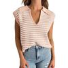 Verão Transfronteiriço Sem Mangas Decote V Pulôver Top Curto Casual Listrado Lapela Preguiçoso Combina com Tudo Camiseta Vic Roupa Feminina