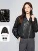 Jaqueta curta de couro de ovelha feminina 2026 outono/inverno estilo motociclista gola lapela solta casual preta com toque de luxo