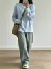 100% Algodón Crema Azul Holgado Capa Base Manga Larga Mujer 2026 Nuevo Color Sólido Casual Top Capa Base