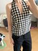 Estilo Nuevo de Verano 100% Algodón Moderno y Versátil Cuadros Clásicos Tricolor Top de Tirantes Halter con Cordones Espalda Profunda sin Espalda para Mujer 5504