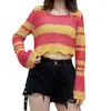 Suéter de Rayas Arcoíris para Mujer Blusa Hueca Verano Nuevo Diseño Dulce Chica Caliente Top Corto Mangas Largas