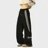 Calça de Moletom Esportiva Listrada Tendência Estilo Americano para Homens, Nova Primavera High-Street Solta com Caimento Reto Perna Larga Casual Longa