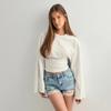 Ropa Europea y Americana Amazon Nueva Camiseta de Color Puro con Cuello Redondo Hombro Derecho Mangas Anchas Cintura Sexy Tops de Manga Larga para Mujer