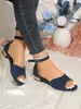 ¡Artículos en stock de talla grande! Sandalias de tirante único con puntera abierta y tacón bajo de tela retro francesa para mujer, diseño de hebilla en el tobillo