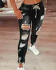 Jeans Feminino 2023 Amazon Aliexpress Transfronteiriço Europeu e Americano Cintura Elástica Cintura Alta Rasgado Perna Afunilada Calças com Cadarço