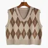 Chaleco con capucha de punto con patrón de diamantes de punto suelto transfronterizo para mujer, ropa exterior de primavera y otoño, chaleco de punto en capas antiguo, chaleco corto de camisola