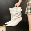 Botas de Tacón Grueso para Tallas Grandes con Fruncidos para Mujer 2026 Nuevo Otoño Invierno Retro Versátil Punta Puntiaguda Hebilla Adelgazantes Botas de Vaquero Occidentales