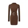 Vestido Básico Ajustado de Manga Larga con Cuello Semi-Alto, Estilo Chica Sexy Caliente, con Cinturón, Nuevo Estilo Primavera, Falda Corta Ajustada al Cuerpo