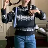 Suéter Retro Fair Isle de Diamantes con Cuello Redondo para Mujer Otoño Invierno Estilo Perezoso Diseño con Sentido Bordado Bloques de Color Tejido Grueso