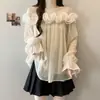 Blusa de Chiffon Manga Longa Off-Shoulder Estilo Francês Doce Plus Size para Mulheres Cheinhas, Design Emagrecedor com Apliques Florais 3D, Top Rejuvenescedor