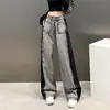 Jeans Feminino Cinza Preto Design Cintura Alta Perna Reta Perna Larga Dash Novo Emagrecimento na Primavera e Verão 2023