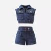 Roupa Transfronteiriça Europeia e Americana para Crianças Conjunto para Menina: Top com Gola Quadrada e Manga Bufante com Estampa Fragmentada, Saia Plissada, Jeans com Múltiplos Botões