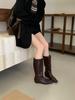 Botas Europeias e Americanas para Mulheres 2025 Novas Botas Retrô Pretas para Mulheres Bico Quadrado Anabela Meia-Panturrilha Botas Manga Botas de Cavaleiro