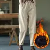 Calça Harem Espessa Forrada com Fleece de Sarja 100% Algodão para Mulheres, Nova Calça Casual Elegante Outono/Inverno 2026 com Cintura Elástica, Calça Longa da Moda