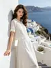 Conjunto de Dos Piezas de Encaje Francés Nanyou 2026: Top Blanco de Cuello Redondo + Falda Larga de Lino de Cintura Alta
