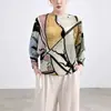 Top estilo Miyake con diseño y estampado únicos, corte holgado, talla grande, mangas murciélago, sin cierre, manga larga, elegante, casual, camiseta versátil