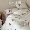 Romántico Set Francés de Algodón Cepillado 100S de Cuatro Piezas Flores Pequeñas Bordado de Toalla Ribete de Encaje Funda Nórdica Cálido Otoño e Invierno