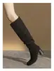 Botas Nuevas de Pantorrilla Ancha Botas Ceñidas Fruncidas Tacón Grueso Botas Altas Botas de Montar de Tacón Alto Botas Versátiles Hasta la Rodilla Punta Redonda