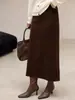 (Liquidação) Saia Reta Retrô de Inverno Cor de Café para Mulheres, Novo Estilo 2026, Saia Longa com Fenda de Lã Sintética Forrada com Fleece