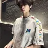 Camiseta premium de alta calle americana con bordado de letras y flores de lujo, ropa de hombre de manga corta, top de verano holgado para pareja