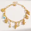 Pulseira Estilo Resort de Verão à Beira-Mar com Elementos Oceânicos, Estrela-do-Mar Colorida, Cauda de Peixe, Concha, Pingente de Pérola Corrente Pulseira
