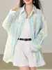 FALINDA STUDIO Camisa de Xadrez com Proteção Solar de Manga Longa Solta Estilo Coreano Top com Senso de Design Preguiçoso Menta