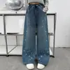 Jeans para niñas, colección otoño 2026, estilo nuevo, pantalones rectos con estampado de estrellas para niños, cintura elástica, pantalones largos holgados para niñas