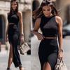 Ropa de mujer europea y americana 2024 otoño nuevo chaleco de color liso con cuello redondo falda lateral descubierta traje al por mayor de comercio exterior para mujer