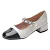 Sapatos Mary Jane Primavera 2025 Sapatos Pequenos de Couro Combinação de Cores Bico Baixo Fivela Salto Grosso Rasteirinhas Sapatos de Banquete de Primavera Femininos
